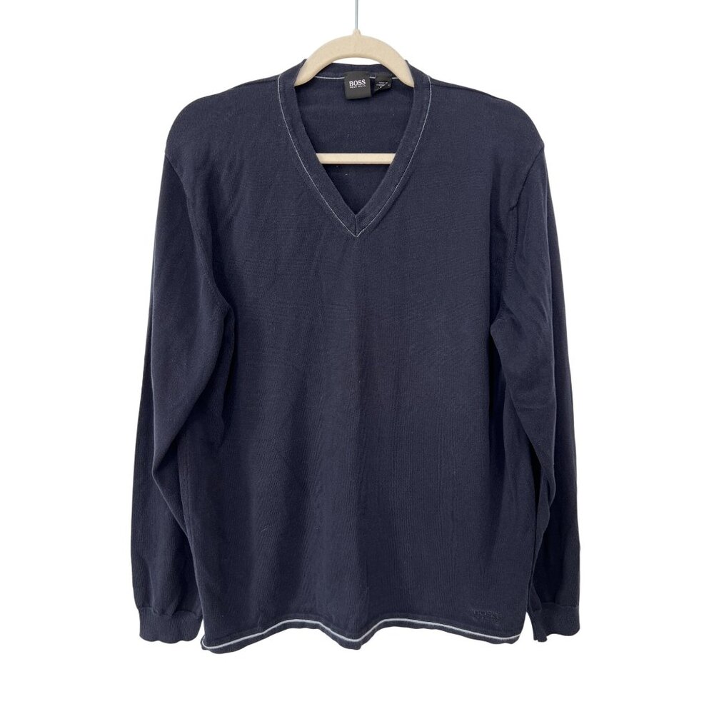 Hugo Boss V Neck Sweater Size 52 Long Sleeve Pullover Navy Blue Cotton Cozy Knit
